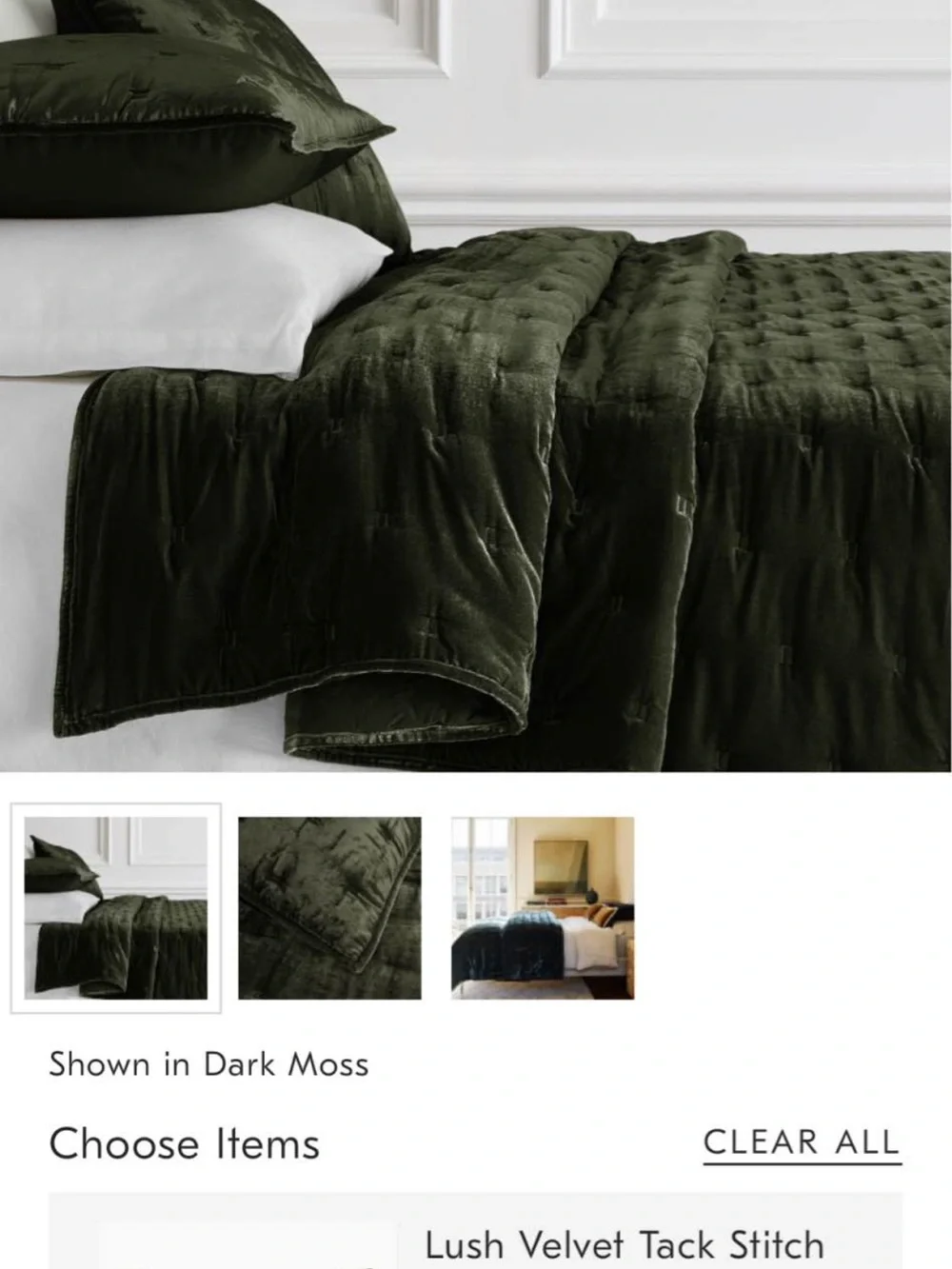 West Elm Lush Velvet Quilt in Dark Moss